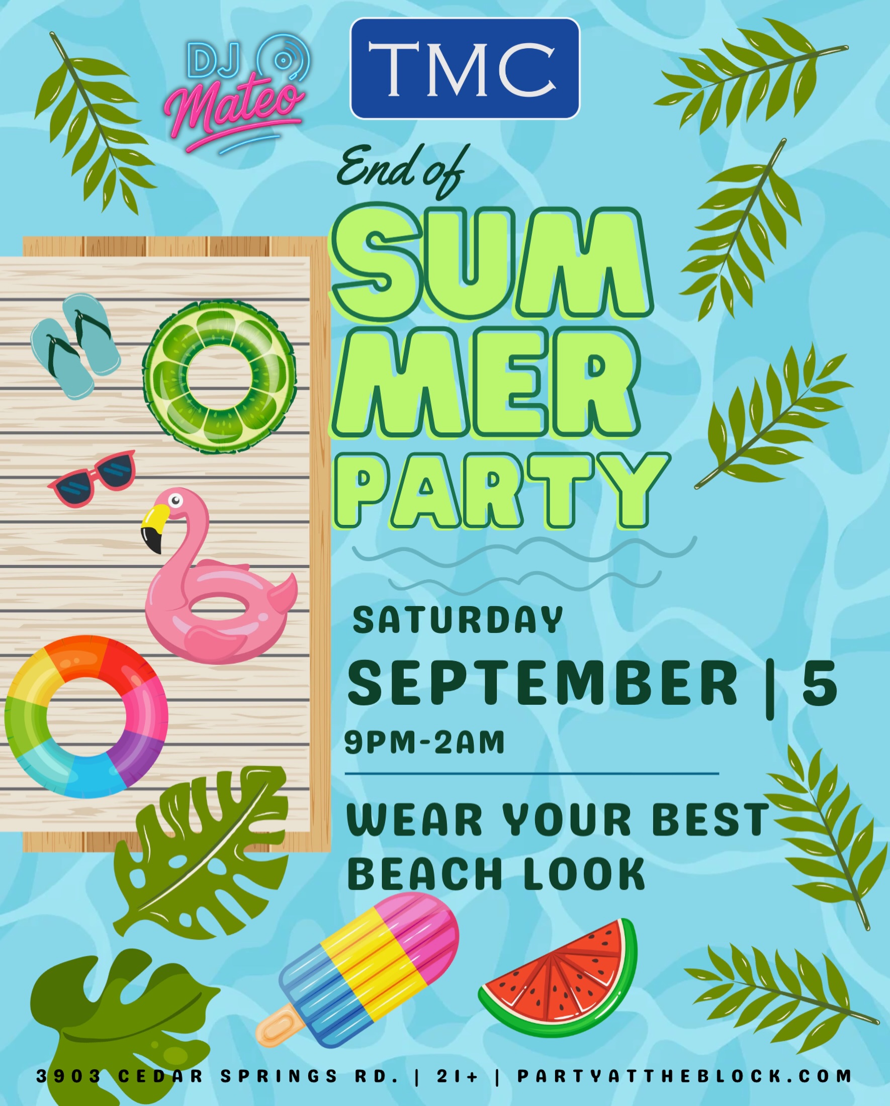 Summer’s almost over, so we’re sending her off properly. ☀️🌴 Throw on your best beach look and meet us at TMC for one last summer party! 🩴🦩 Saturday, September 5 • 9PM–2AM Beach attire encouraged. Whether that means a Hawaiian shirt, short shorts, or a Speedo you’ve been waiting all summer to justify, this is your moment! 🌴☀️ See you Labor Day weekend!