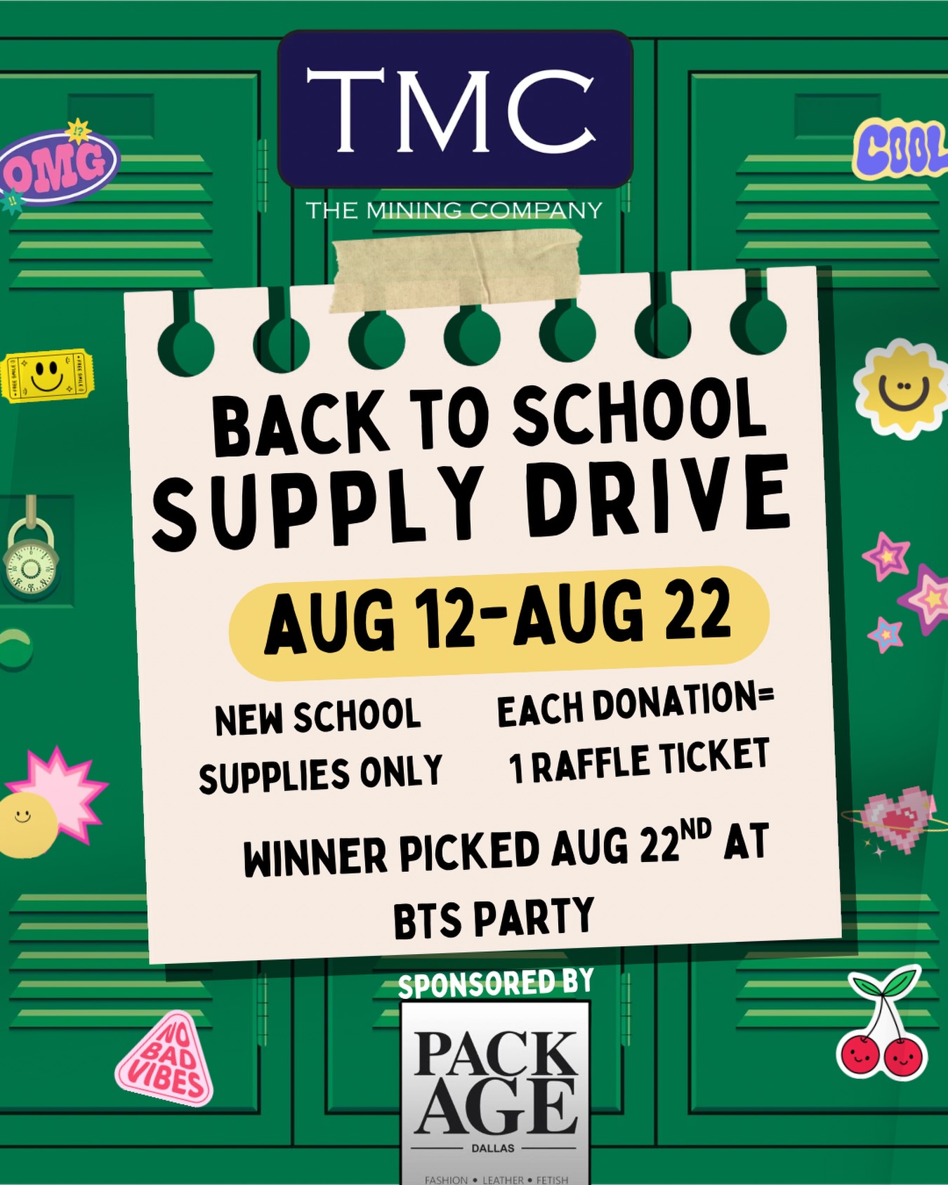 School’s back in session! 🎒✏️📚 From Aug 12–22, bring NEW school supplies to TMC and help us send local students back to class with the supplies they need! 🎟️ Every donation = 1 raffle ticket Winner drawn Aug 22 at our Back to School Party! Winner receives a basket from @packagedallas!