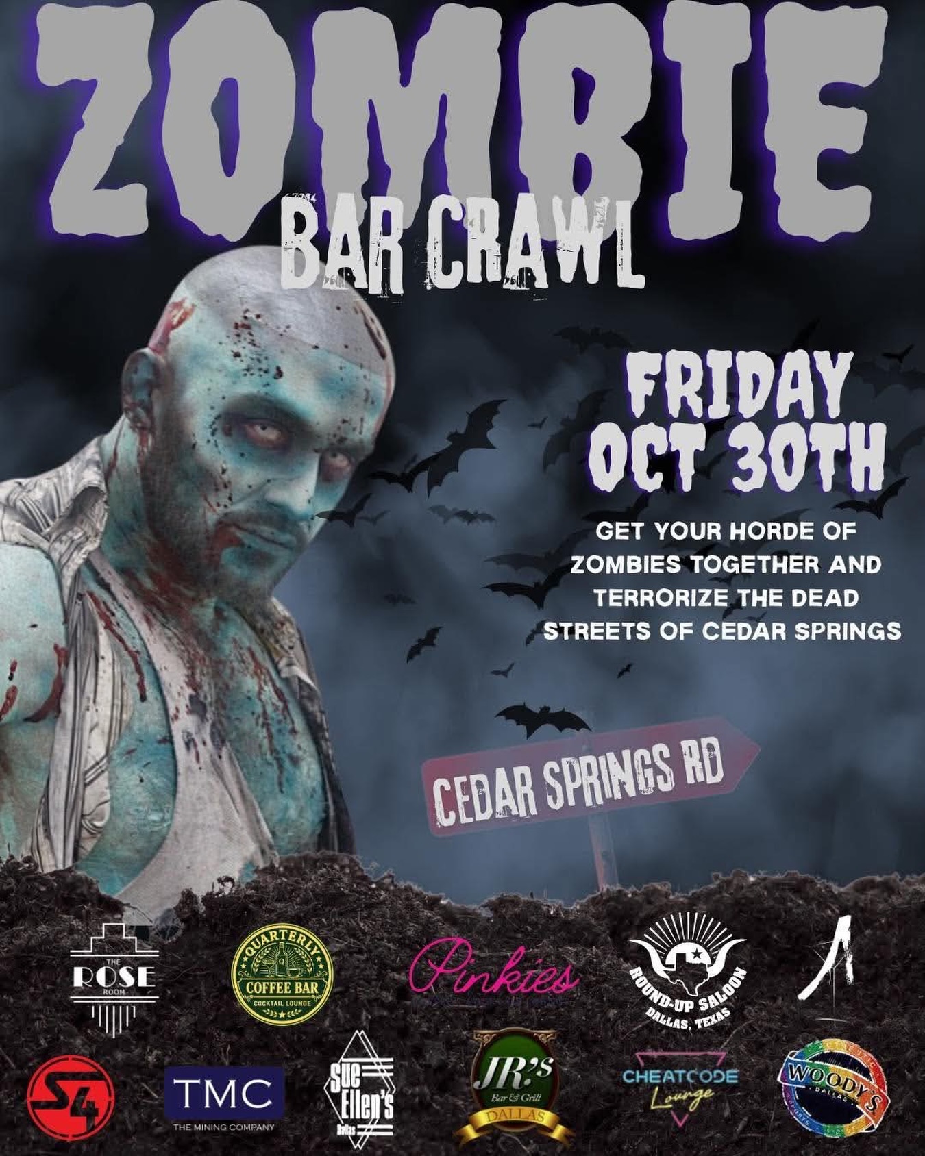 🧟‍♂️ The zombies are coming to Cedar Springs! Grab your friends, throw on your best zombie look, and join us Friday, October 30th for the Zombie Bar Crawl! 💀🍻 We’ll see you out on the strip!